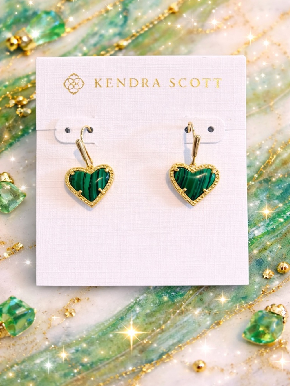 Kendra Scott Gold Heart Earrings with Green Malachite-Style Stone
